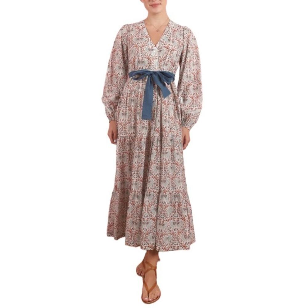 HANNAH ARTWEAR Sz 3 L Iona Dress Floral Block Print Cotton Long Sleeve Midi
